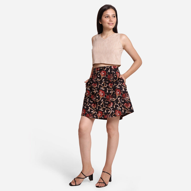 Left View of a Model wearing Black Floral A-Line Cotton Flared Skirt