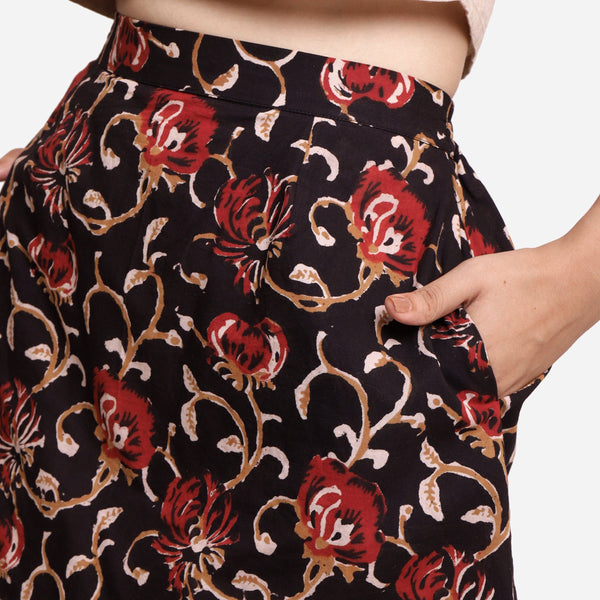 Front Detail of a Model wearing Black Floral A-Line Cotton Flared Skirt