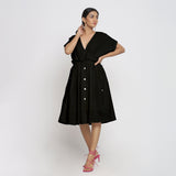 Black Frilled Cotton Knee Length Bohemian Dress