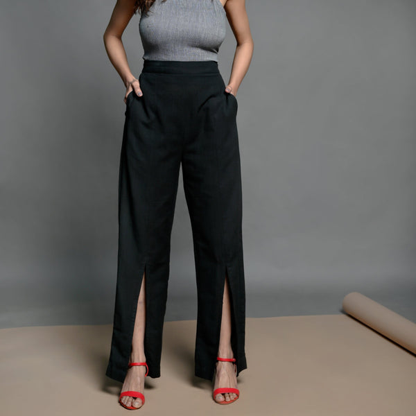 Front View of a Model wearing Black Handspun Cotton Elasticated High-Rise Slit Pant