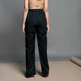 back View of a Model wearing Black Handspun Cotton Elasticated High-Rise Slit Pant
