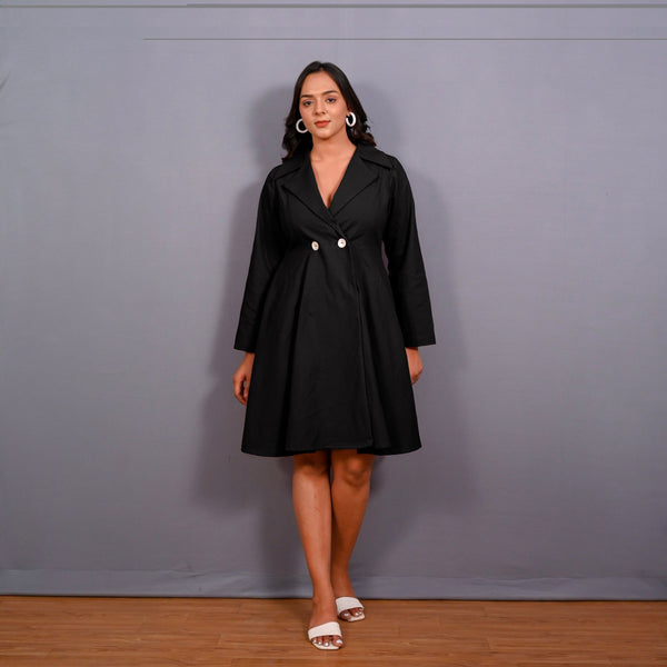 Black Warm Cotton Flannel Fit and Flare Knee Length Blazer Dress