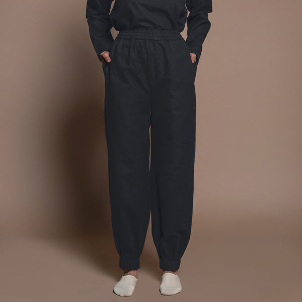 Front View of a Model wearing Black Warm Cotton Flannel Elasticated High-Rise Jogger Pant