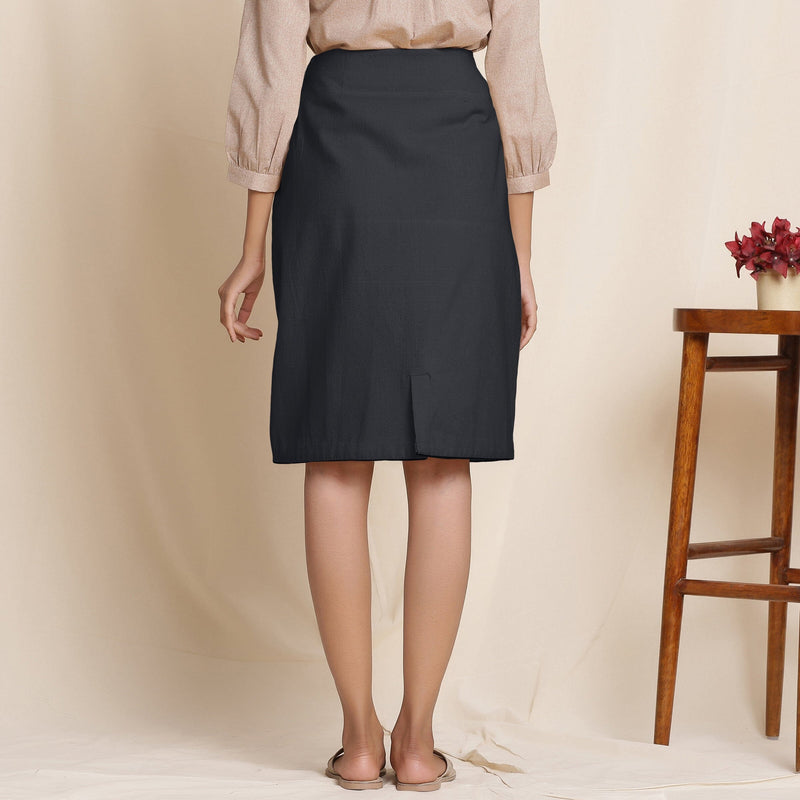 Back View of a Model wearing Black Warm Cotton Flannel Knee-Length Pencil Skirt