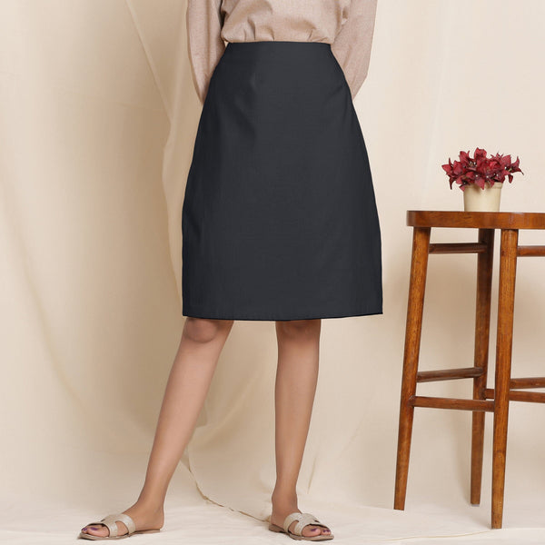 Front View of a Model wearing Black Warm Cotton Flannel Knee-Length Pencil Skirt