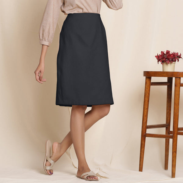 Right View of a Model wearing Black Warm Cotton Flannel Knee-Length Pencil Skirt