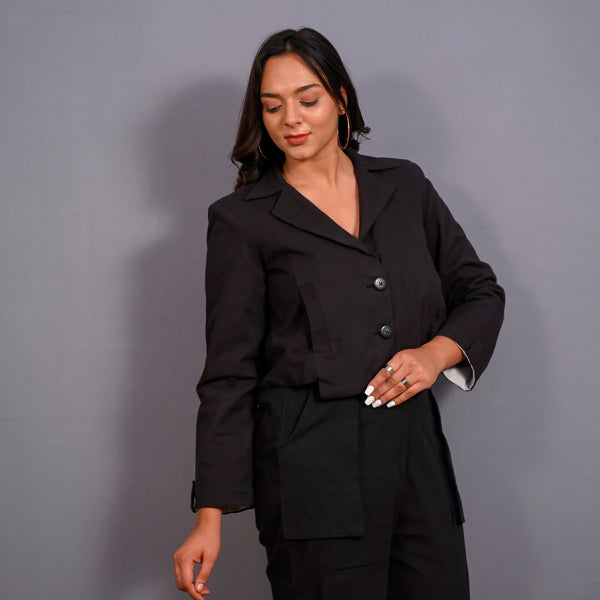 Right View of a Model wearing Black Warm Cotton Flannel Single-Breasted Crop Blazer