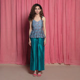 Front View of a Model wearing Block Print Chanderi Peplum Top and Pant Set