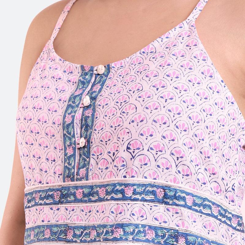 Front Detail of a Model wearing Pink Block Printed Cotton Camisole Maxi Dress