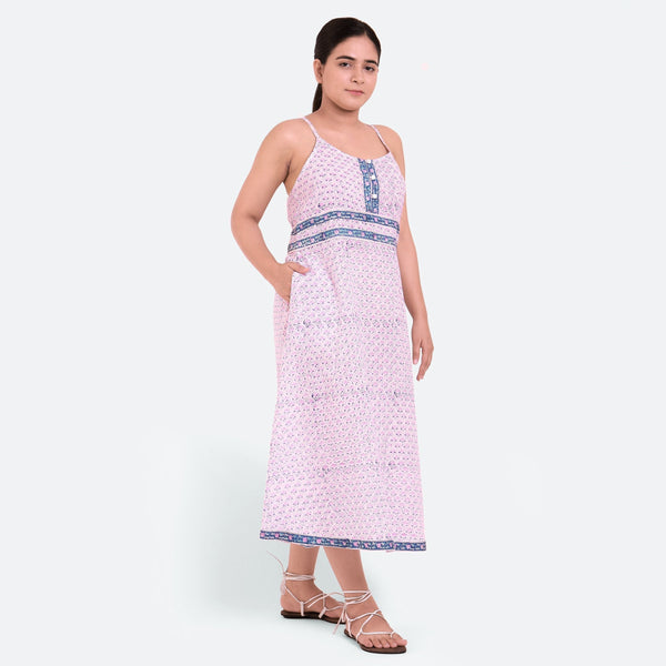 Right View of a Model wearing Pink Block Printed Cotton Camisole Maxi Dress