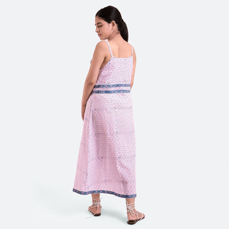 Back View of a Model wearing Pink Block Printed Cotton Camisole Maxi Dress