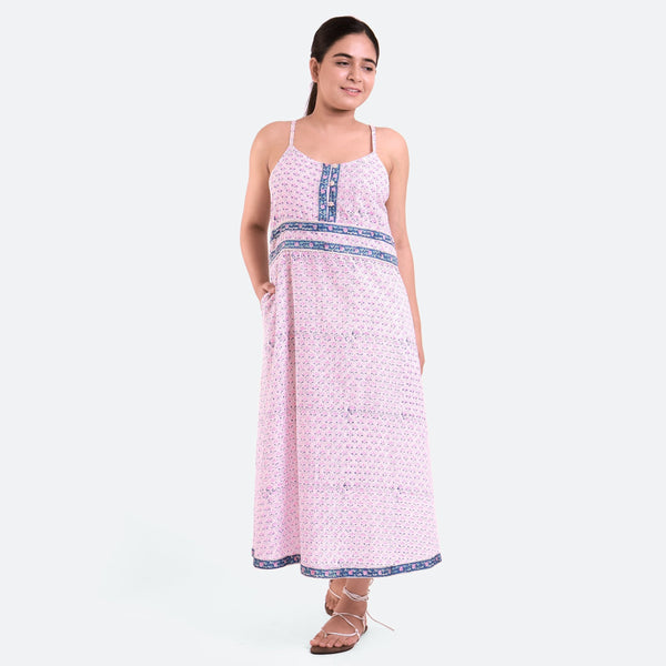 Front View of a Model wearing Pink Block Printed Cotton Camisole Maxi Dress