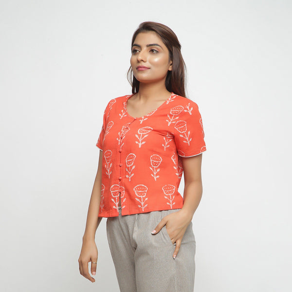 Front View of a Model wearing Dabu Print Relaxed Sleeves Button-Down Top