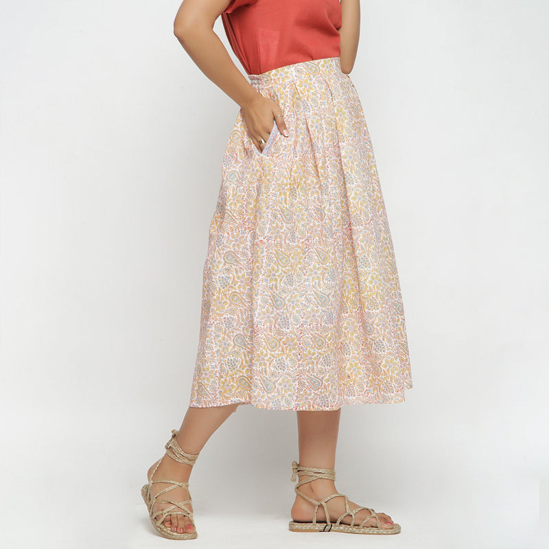Right View of a Model wearing Sanganeri Pleated Block Printed Skirt