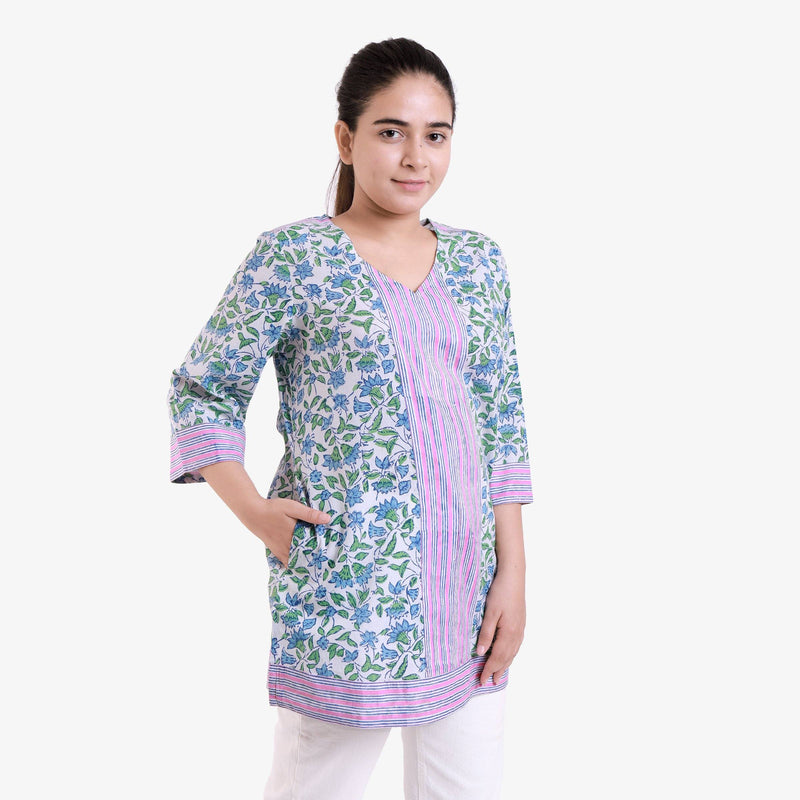 Right View of a Model wearing Block-Printed Sanganeri A-Line Top