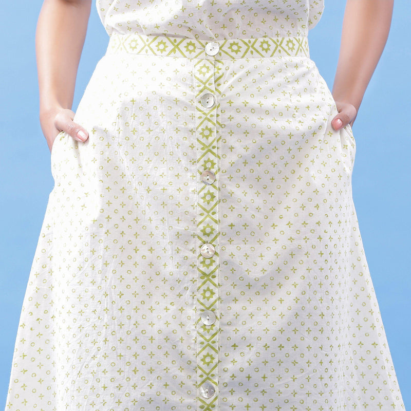 Front Detail of a Model wearing Hand Block Printed Tic-Tac-Toe A-Line Skirt