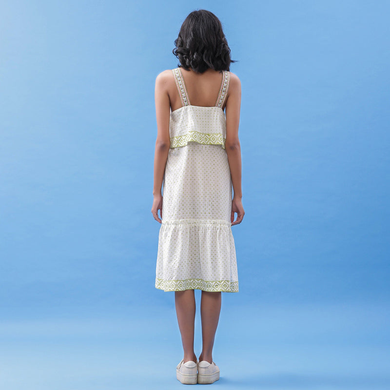 Back View of a Model wearing Block Printed Tic-Tac-Toe Tier Dress