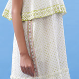 Front Detail of a Model wearing Block Printed Tic-Tac-Toe Tier Dress