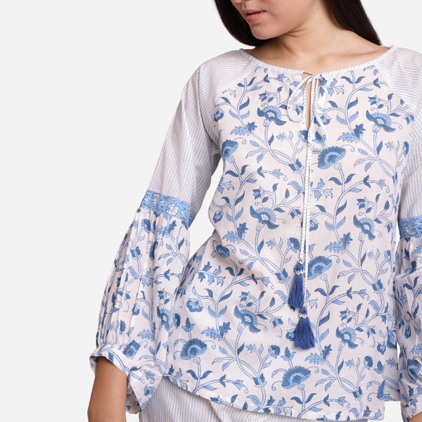Front Detail of a Model wearing Blue Floral Block Printed Peasant Cotton Top