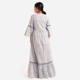 Back View of a Model wearing Blue Block Printed Floor Length Bohemian Cotton Dress