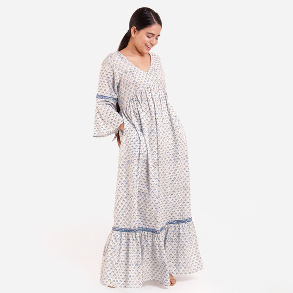 Right View of a Model wearing Blue Block Printed Floor Length Bohemian Cotton Dress