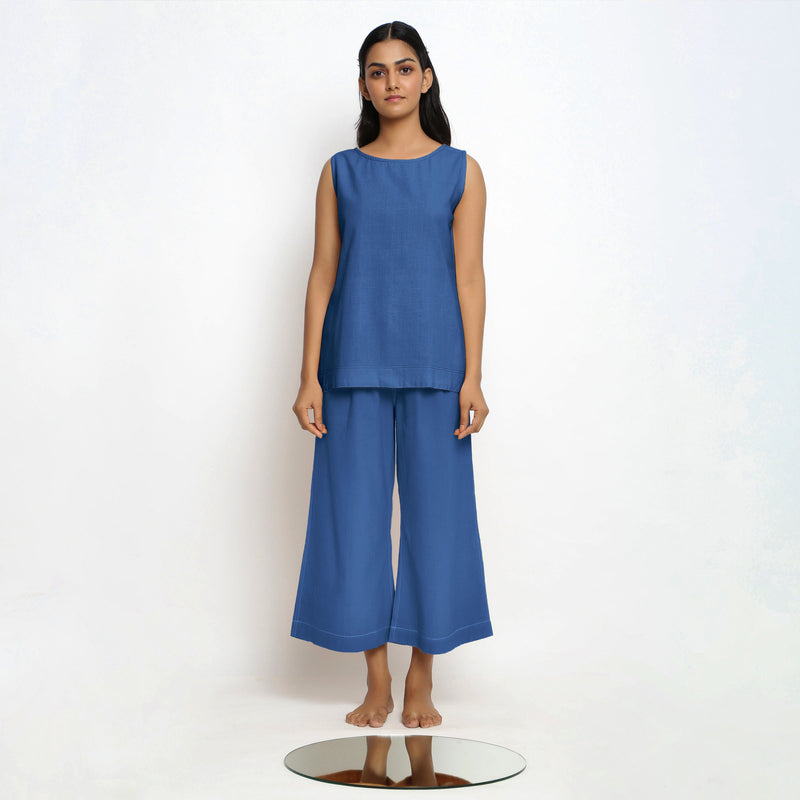 Front View of a Model wearing Blue Boat Neck Top and Powder Blue Pant Set