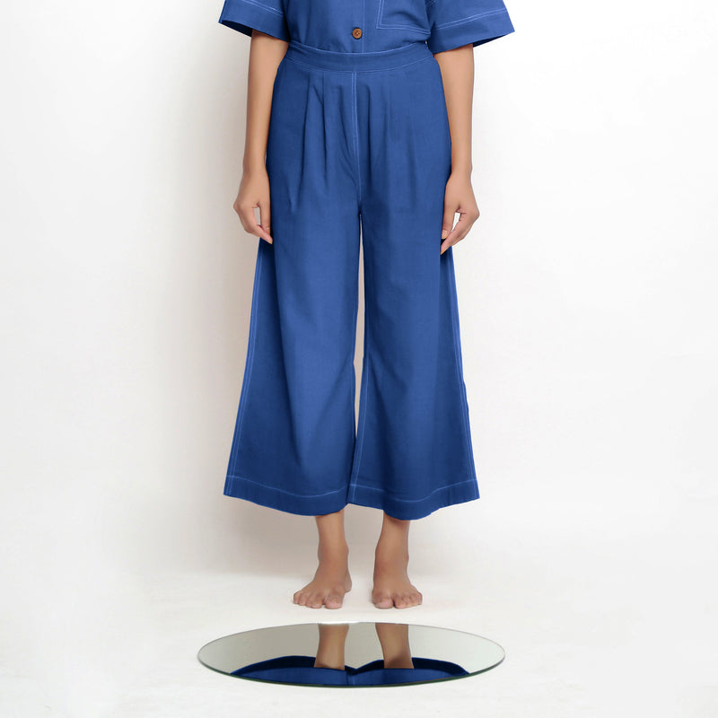 Front View of a Model wearing Powder Blue Vegetable Dyed Wide Legged Pant
