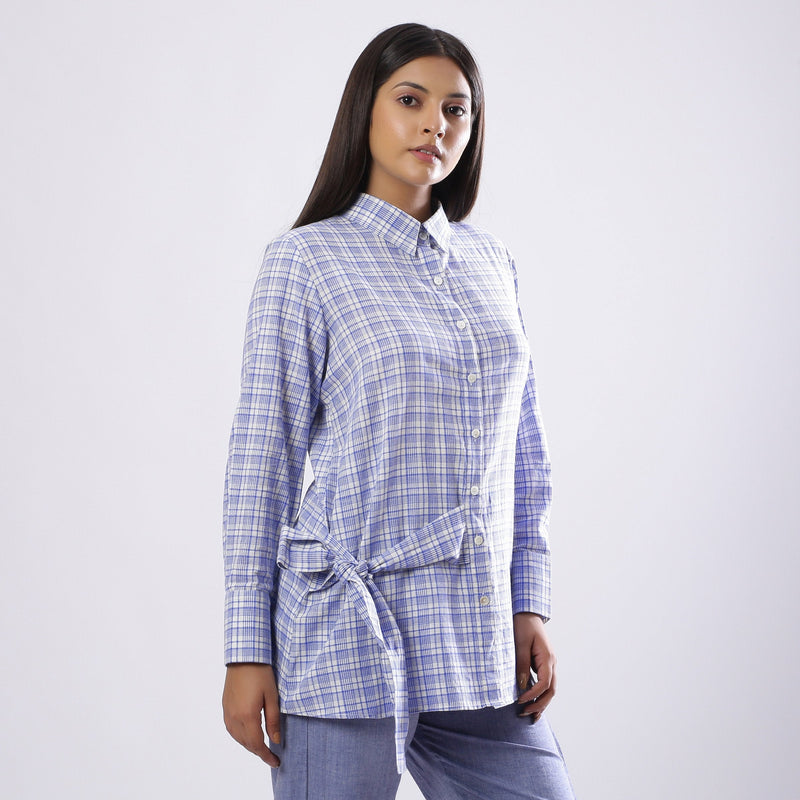 Right View of a Model wearing Blue Checkered Handspun 100% Cotton Button-Down Shirt