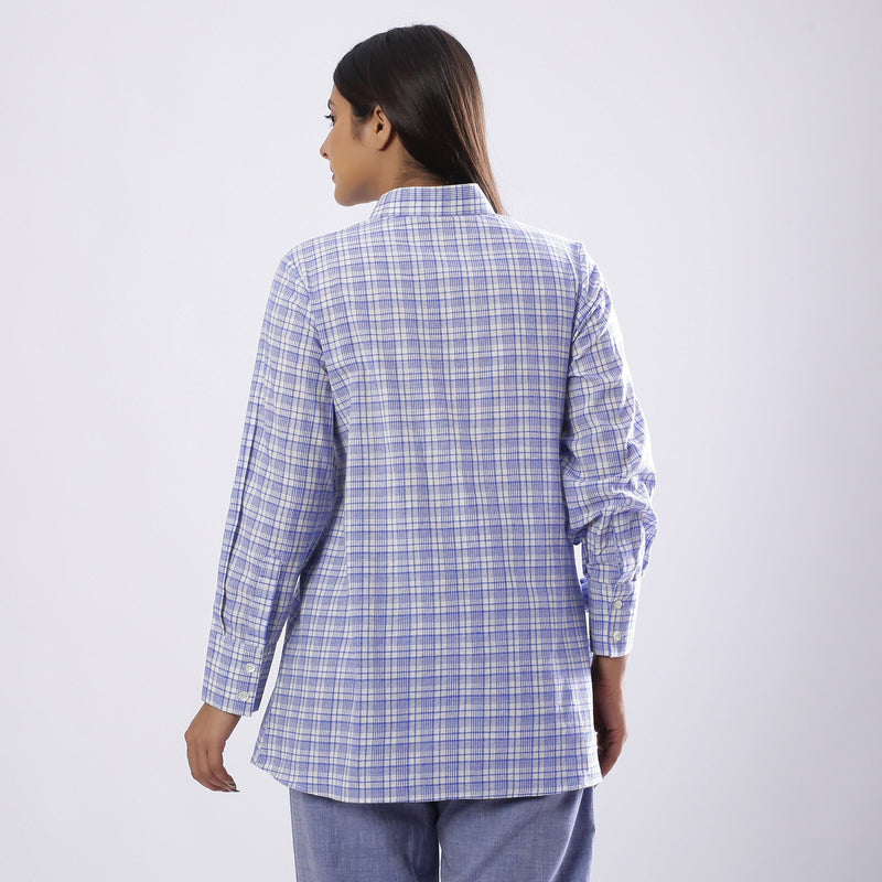 Back View of a Model wearing Blue Checkered Handspun 100% Cotton Button-Down Shirt