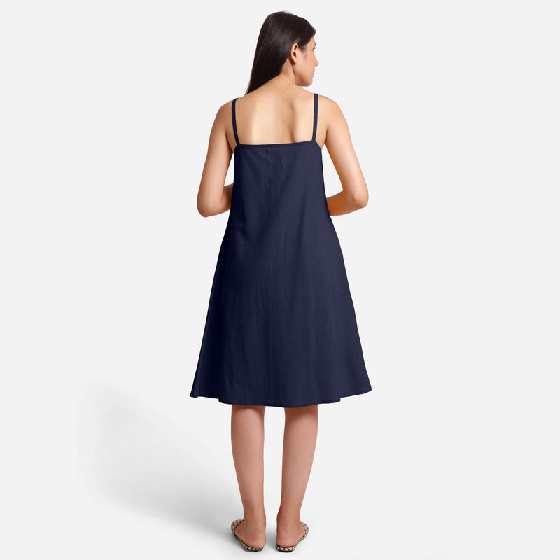 Back View of a Model wearing Blue Cotton Flax Strappy Slit Dress