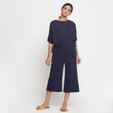 Front View of a Model wearing Blue Cotton Flax Top and Culottes Co-ord Set