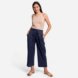 Front View of a Model wearing Blue Cotton Flax Wide Legged Pant