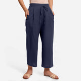 Front View of a Model wearing Blue Cotton Flax Wide Legged Pant