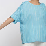 Front Detail of a Model wearing Blue Cotton Tie Dyed Straight Top