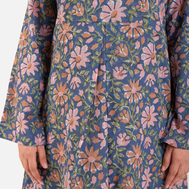 Front Detail of a Model wearing Blue Block Print Floral Cotton Knee Length Dress