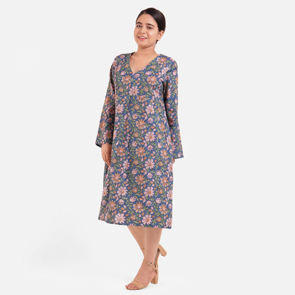 Front View of a Model wearing Blue Block Print Floral Cotton Knee Length Dress