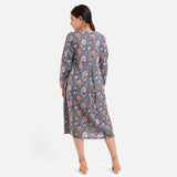 Back View of a Model wearing Blue Block Print Floral Cotton Knee Length Dress