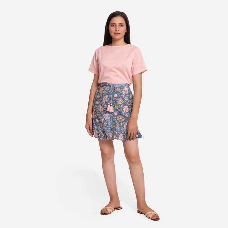 Front View of a Model wearing Blue Cotton Floral Button-Down Skirt