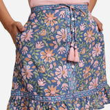Front Detail of a Model wearing Blue Cotton Floral Button-Down Skirt