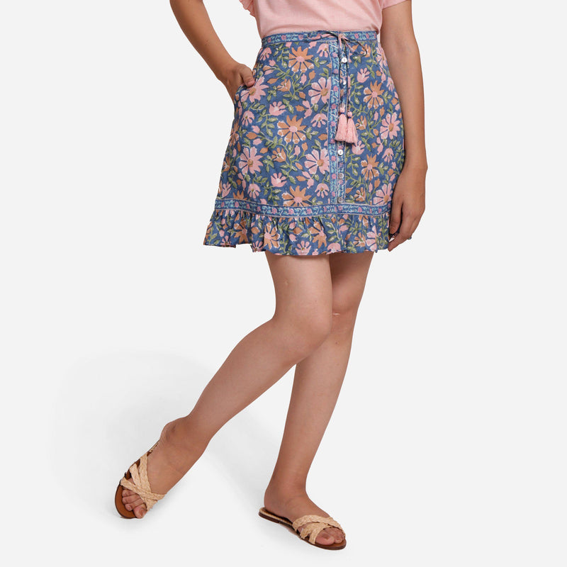 Front View of a Model wearing Blue Cotton Floral Button-Down Skirt