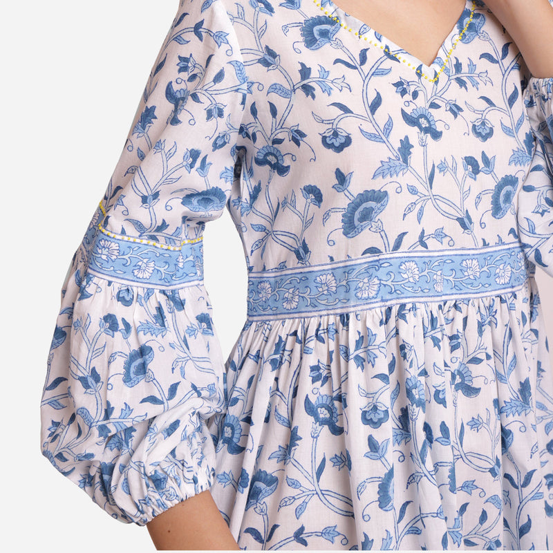 Front Detail of a Model wearing Blue Floral Fit and Flare Cotton Dress