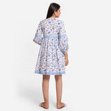 Back View of a Model wearing Blue Floral Fit and Flare Cotton Dress