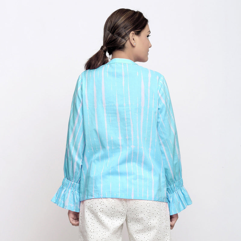 Back View of a Model wearing Blue Hand Tie Dyed Shirred Blouson Top