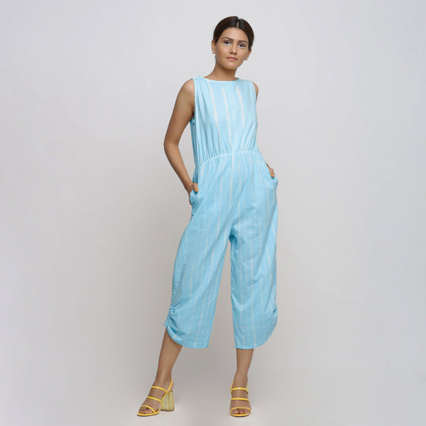Front View of a Model wearing Blue Hand Tie Dyed Straight Jumpsuit