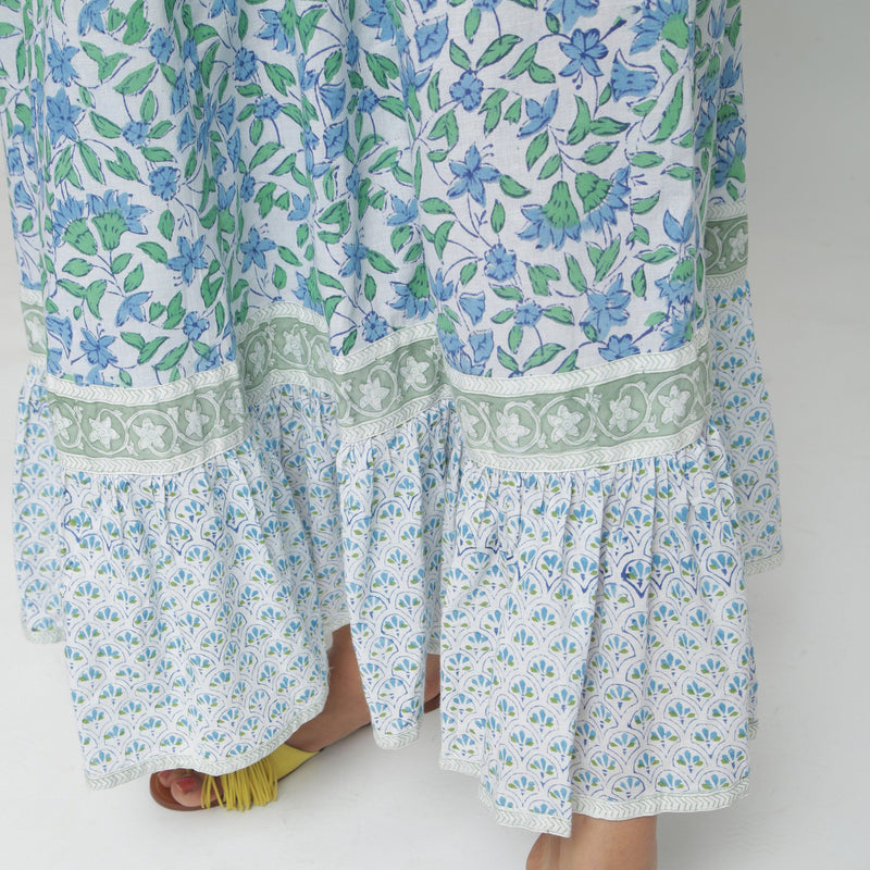 Close View of a Model wearing Blue Printed Flowy Paneled Skirt