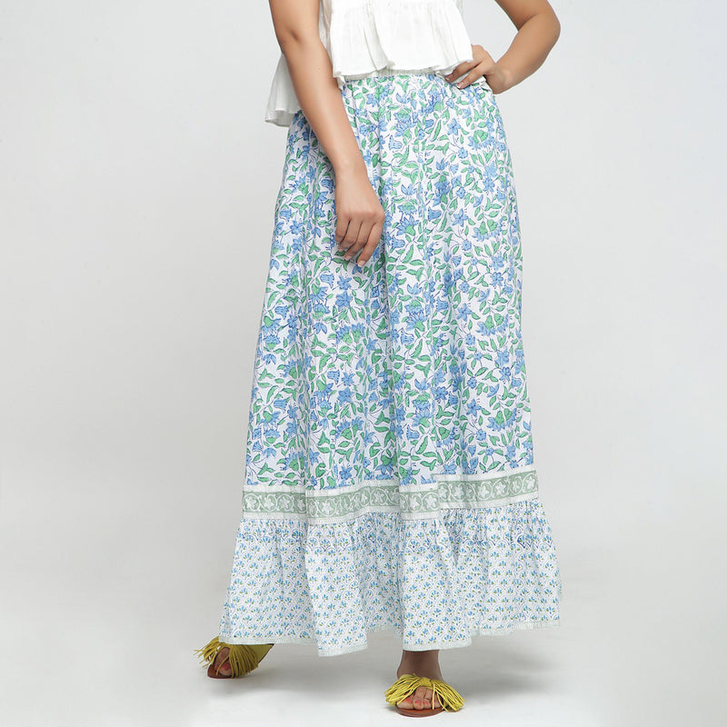 Front View of a Model wearing Blue Printed Flowy Paneled Skirt