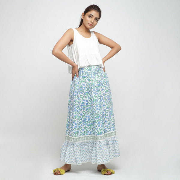 Front View of a Model wearing Blue Printed Flowy Paneled Skirt