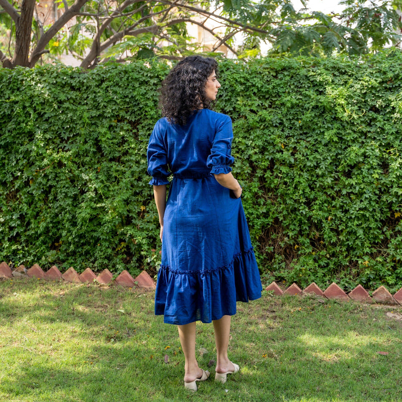 Blue Handspun Cotton A-Line Knee Length Pre and Post Maternity Dress