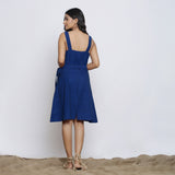Back View of a Model wearing Blue Handspun Knee Length Dress