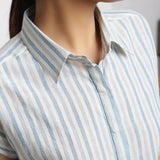Front Detail of a Model wearing Blue Handspun Striped Button-Down Shirt
